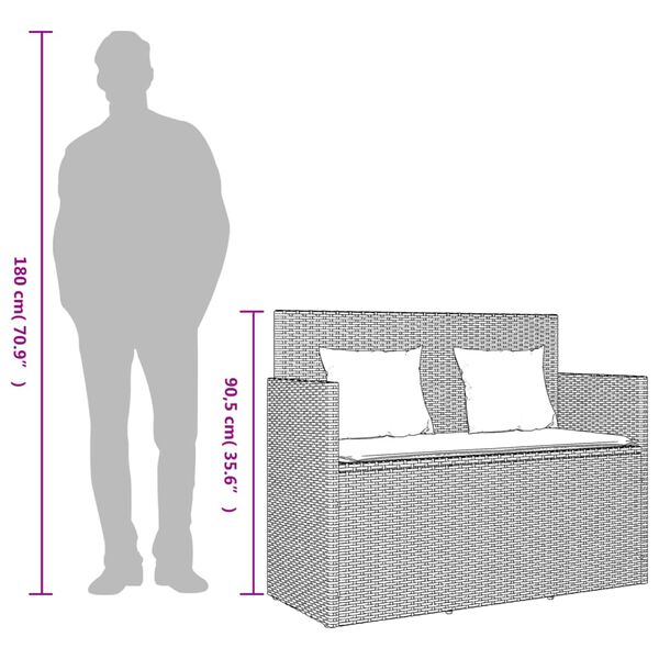 vidaXL مقعد حديقة طويل مع وسائد بولي روطان رمادي