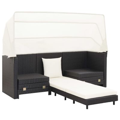 vidaXL سرير أريكة 3 مقاعد قابلة للتمدد مع سقف بولي روطان أسود