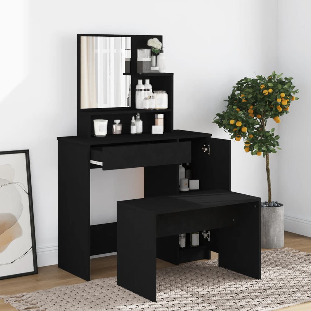vidaXL طاولة تسريحة مع مرآة سوداء 86,5x35x136 سم