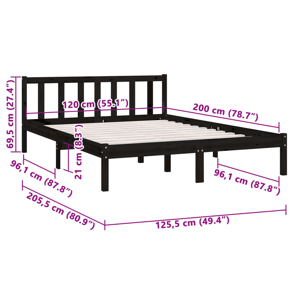 vidaXL إطار سرير خشب صنوبر صلب أسود 120×200 سم