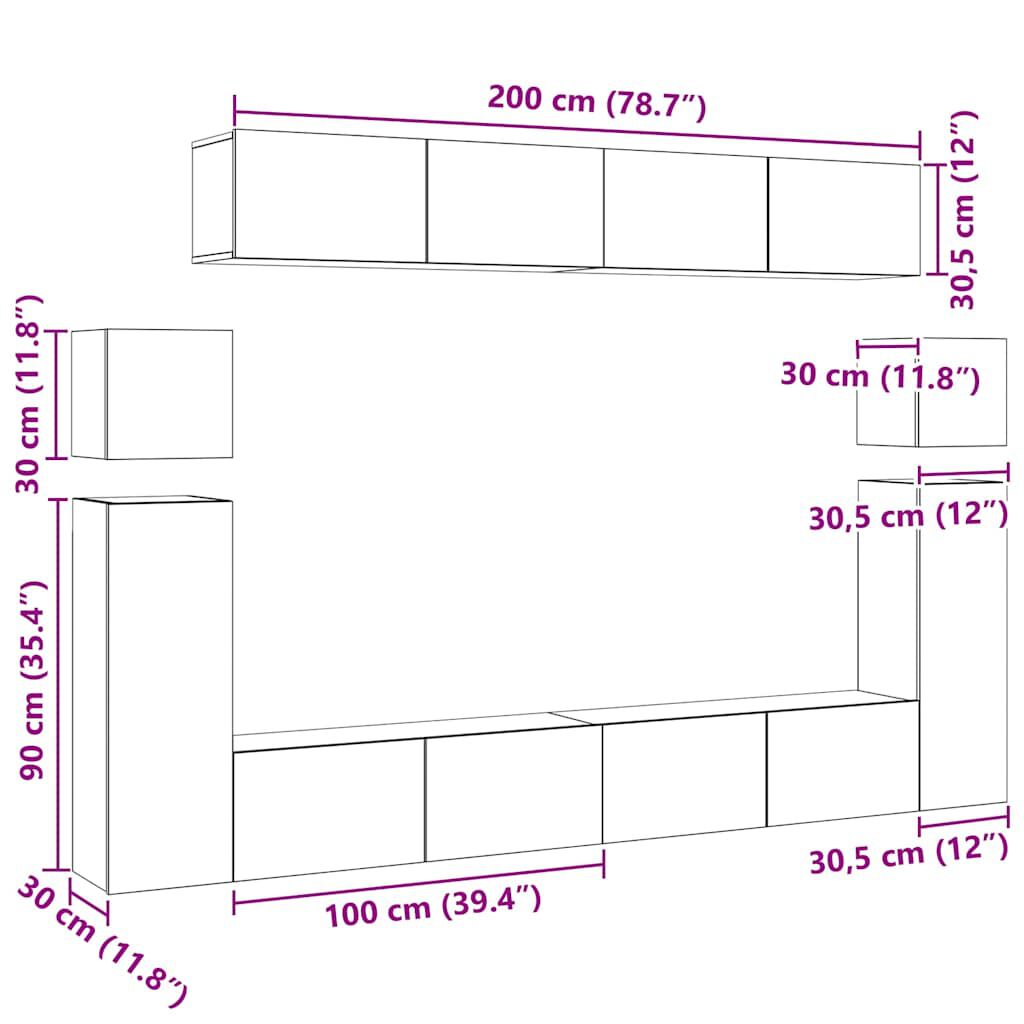 vidaXL طقم خزانة تلفزيون 8ق أبيض خشب صناعي