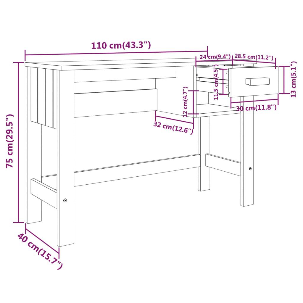 vidaXL مكتب أبيض 110×40×75 سم خشب صنوبر صلب