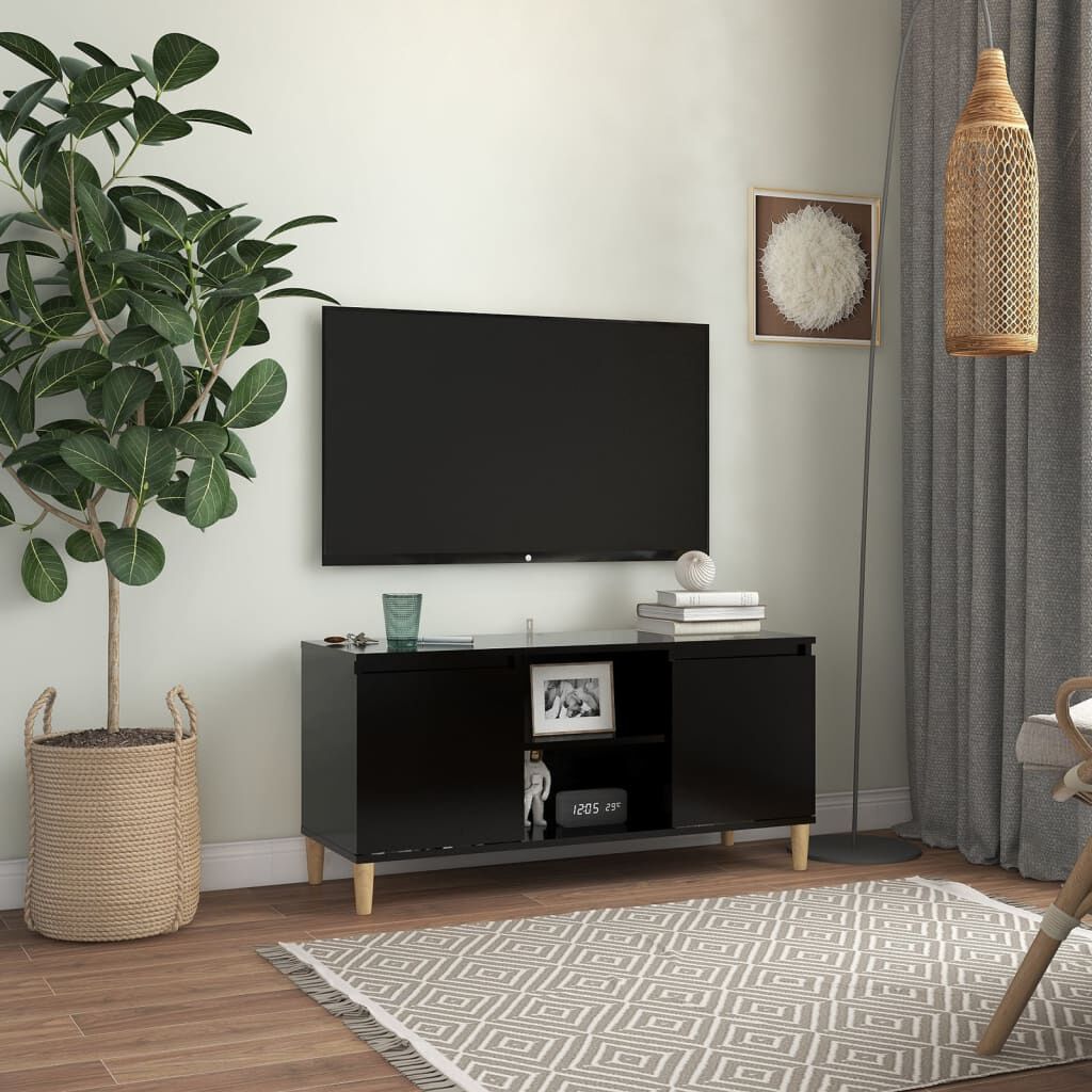 vidaXL خزانة تلفزيون بأرجل خشبية صلبة أسود 103.5×35×50 سم