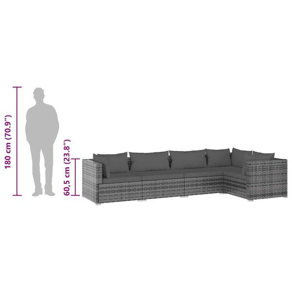 vidaXL طقم جلسة حديقة 5 قطع مع وسائد بولي روطان رمادي