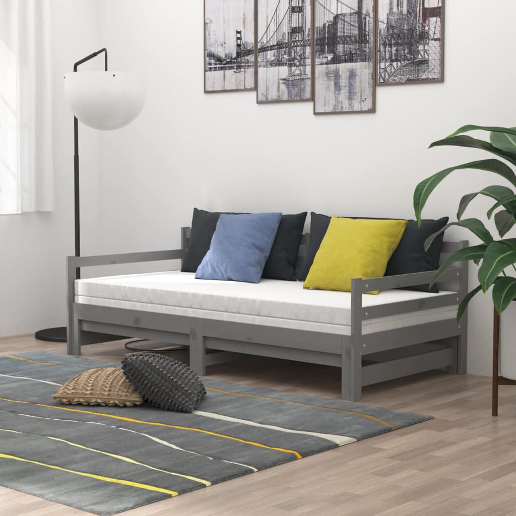 vidaXL سرير نهاري قابل للسحب خشب صنوبر صلب رمادي 2×(90×200) سم