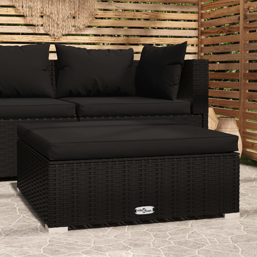 vidaXL مسند قدم حديقة مع وسادة أسود 70×70×30 سم بولي روطان