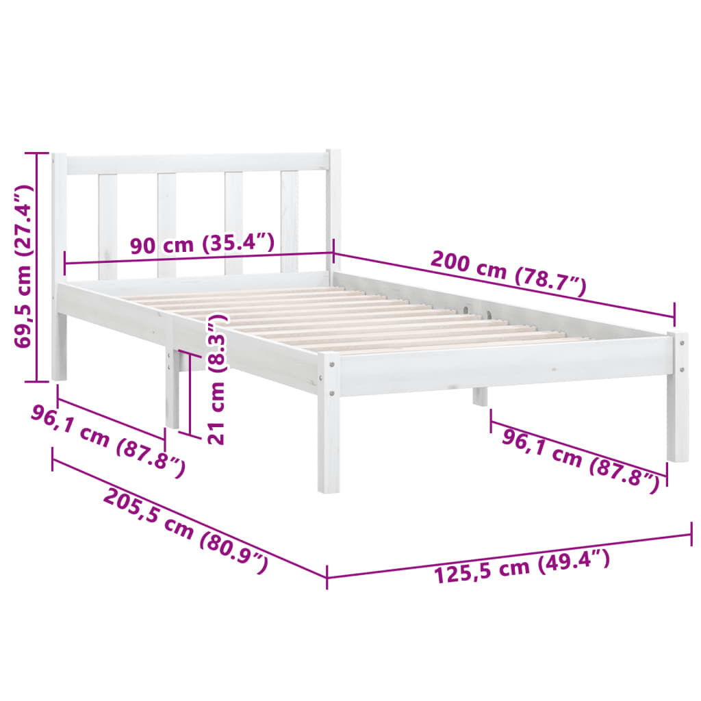 vidaXL إطار سرير خشب صنوبر صلب أبيض 90×200 سم