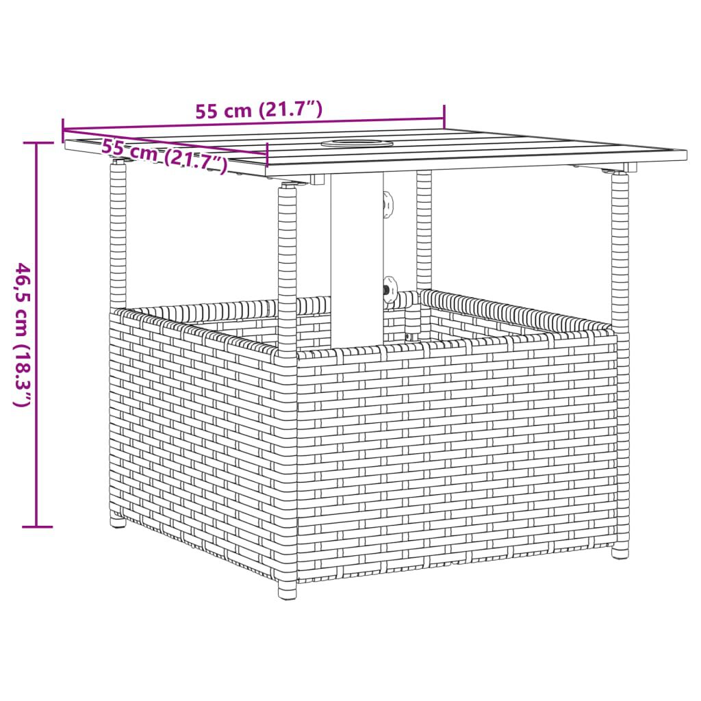 vidaXL طاولة حديقة مع ثقب مظلة لون أسود 46,5x55x55 سم بولي روطان