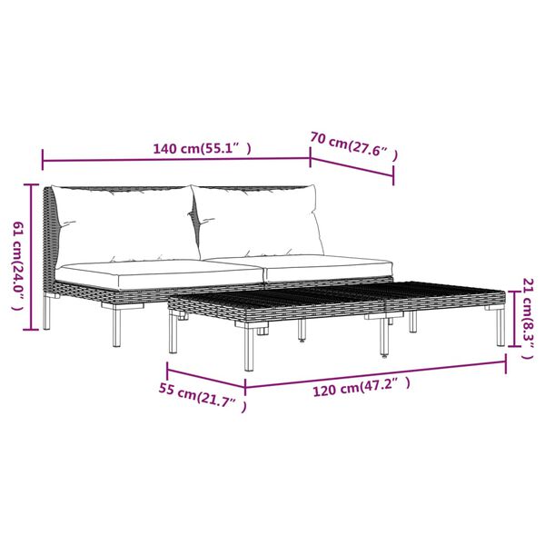 vidaXL طقم جلسة حديقة 3 قطع رمادي داكن بولي روطان نصف مستدير