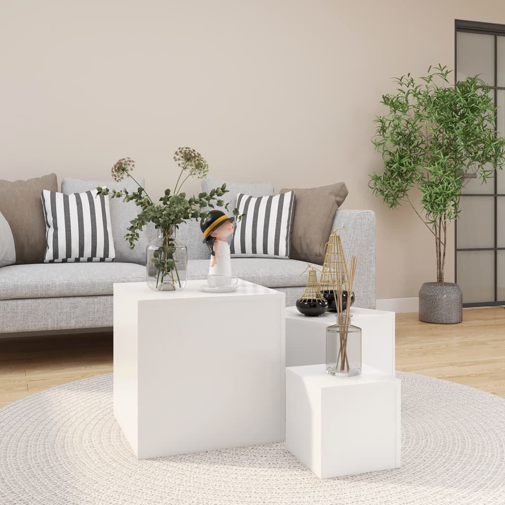 808585 vidaXL طاولات جانبية 3 ق أبيض خشب صناعي