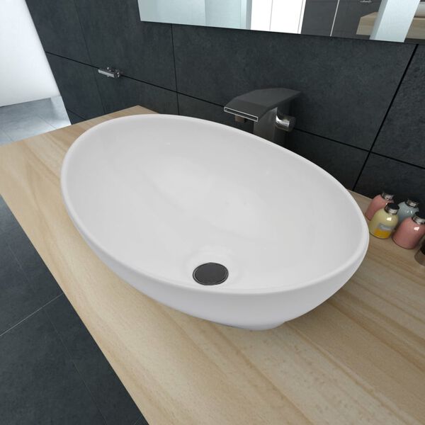 vidaXL حوض سيراميك 40×33 سم بيضاوي أبيض