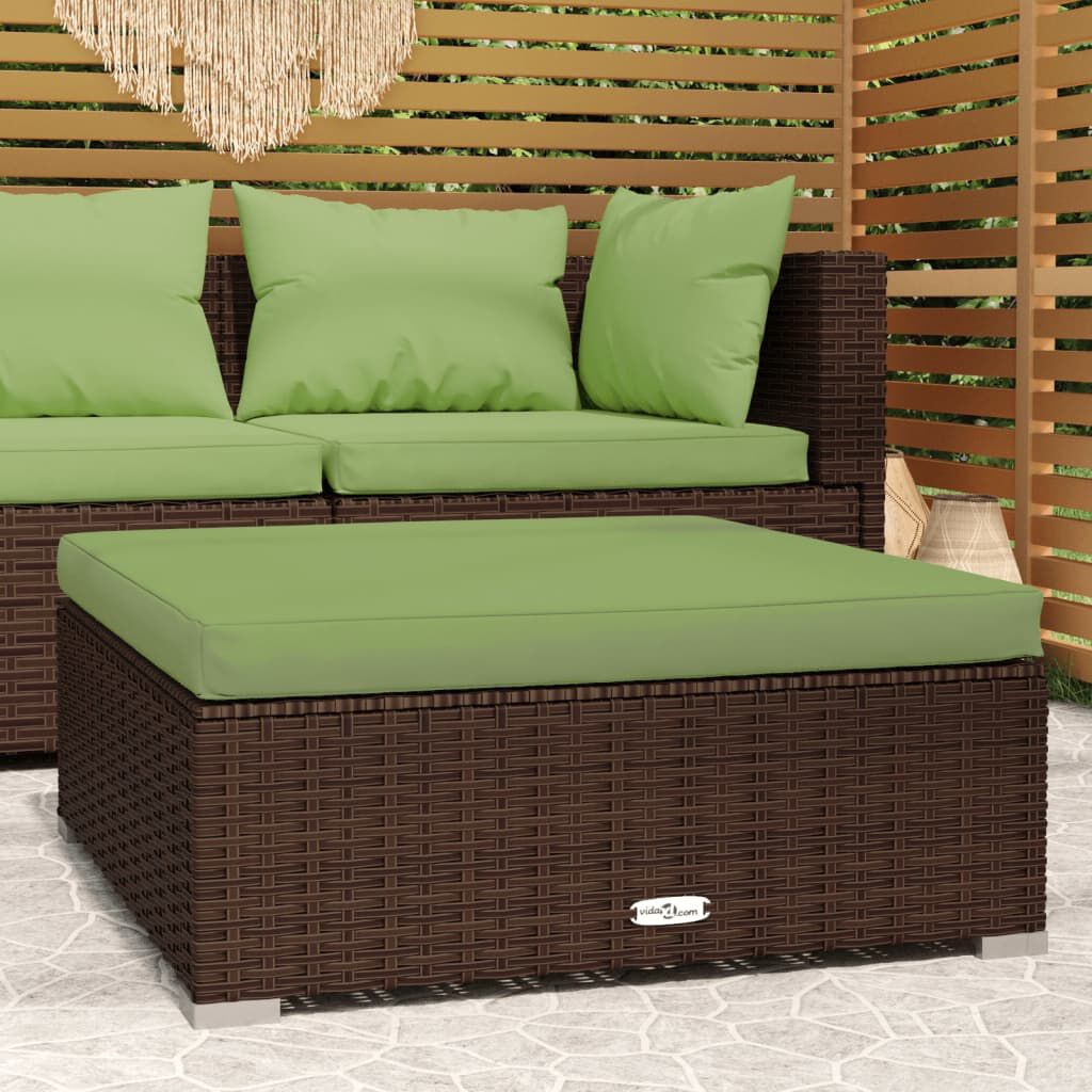 vidaXL مسند قدم حديقة مع وسادة بني 70×70×30 سم بولي روطان