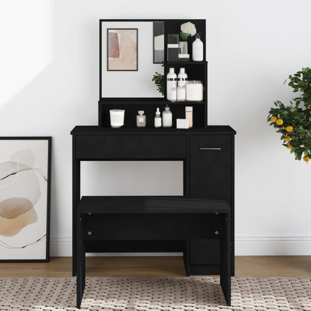 vidaXL طاولة تسريحة مع مرآة سوداء 86,5x35x136 سم