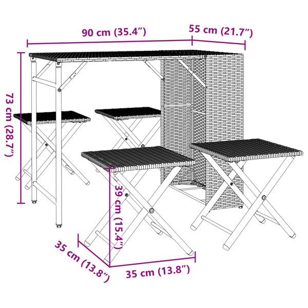 vidaXL طقم سفرة حديقة 5 قطع بولي روطان لون أسود قابل للطي