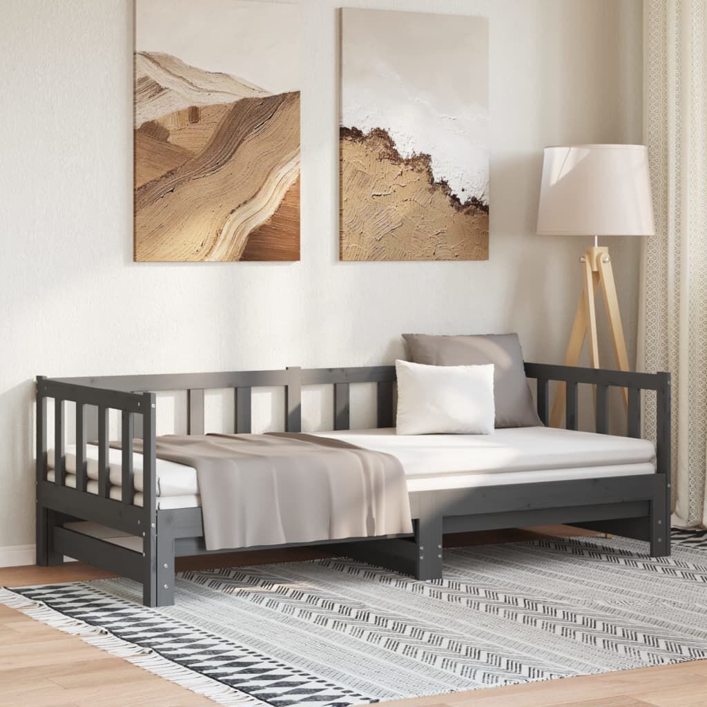 vidaXL سرير نهاري قابل للسحب خشب صنوبر صلب رمادي 2×(90×200) سم