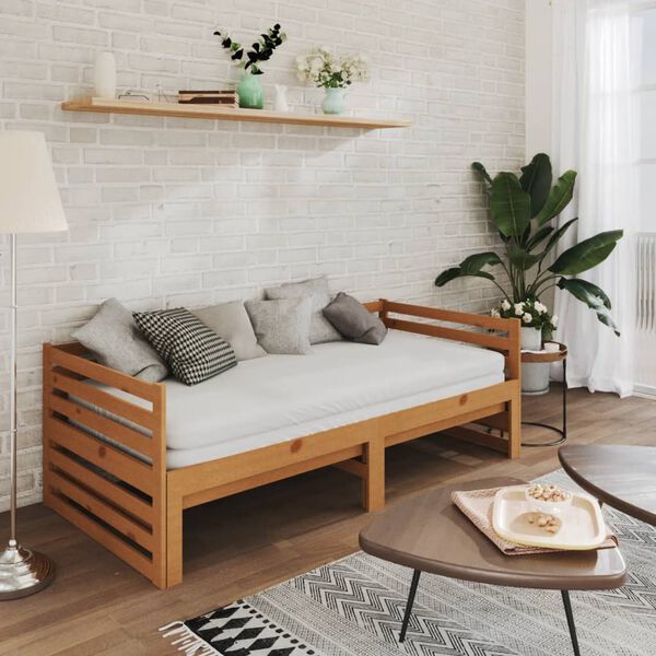 vidaXL سرير نهاري قابل للسحب خشب صنوبر صلب بني عسلي 2×(90×200) سم