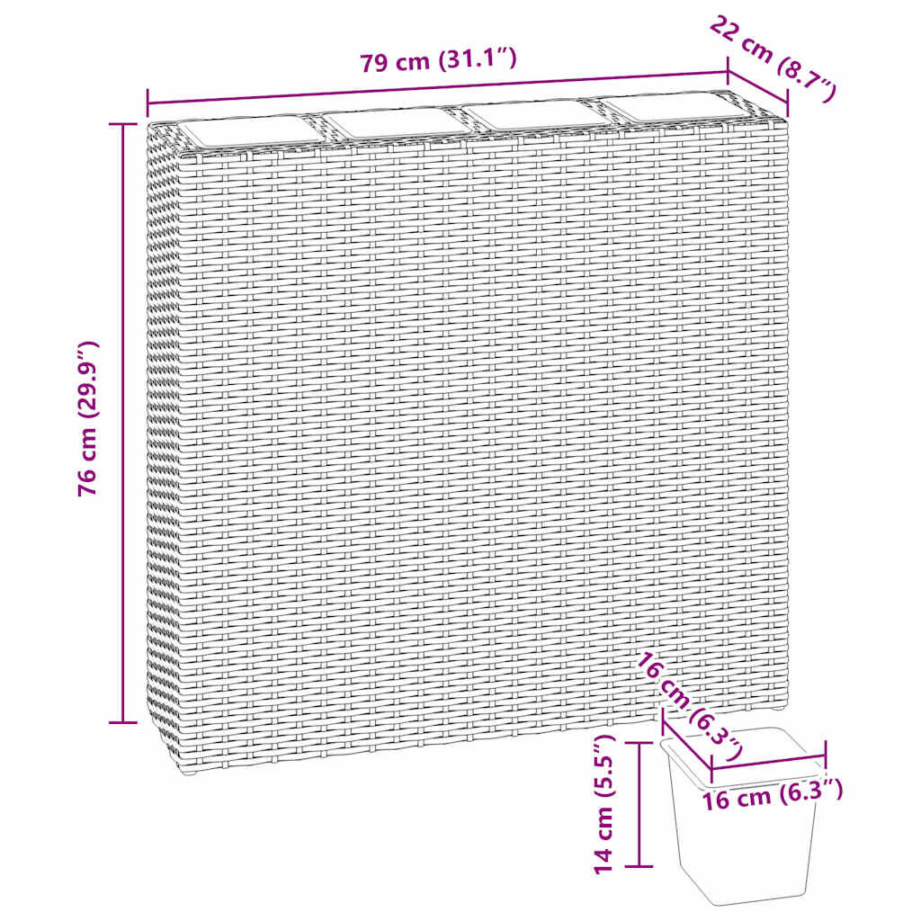 vidaXL حوض حديقة مرتفع مع 4 أصص 2 ق بولي روطان رمادي