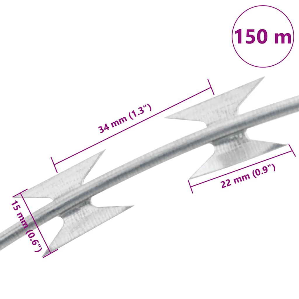 VidaXL BTO-22 سلك شائك حلزوني Razor من الفولاذ المجلفن بطول 150 متر