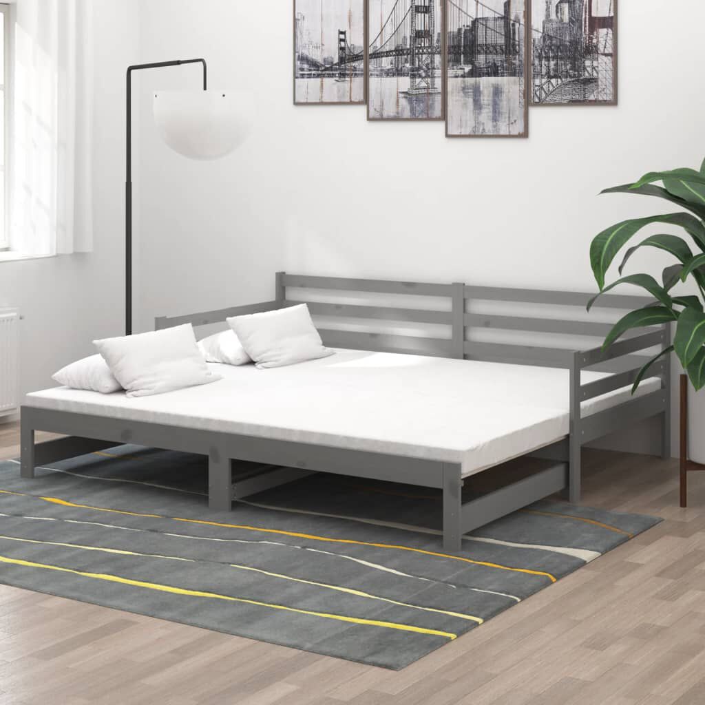 vidaXL سرير نهاري قابل للسحب خشب صنوبر صلب رمادي 2×(90×200) سم