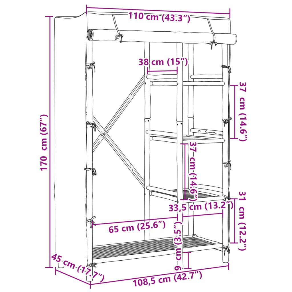 vidaXL دولاب ملابس 170x45x110 سم خيزران
