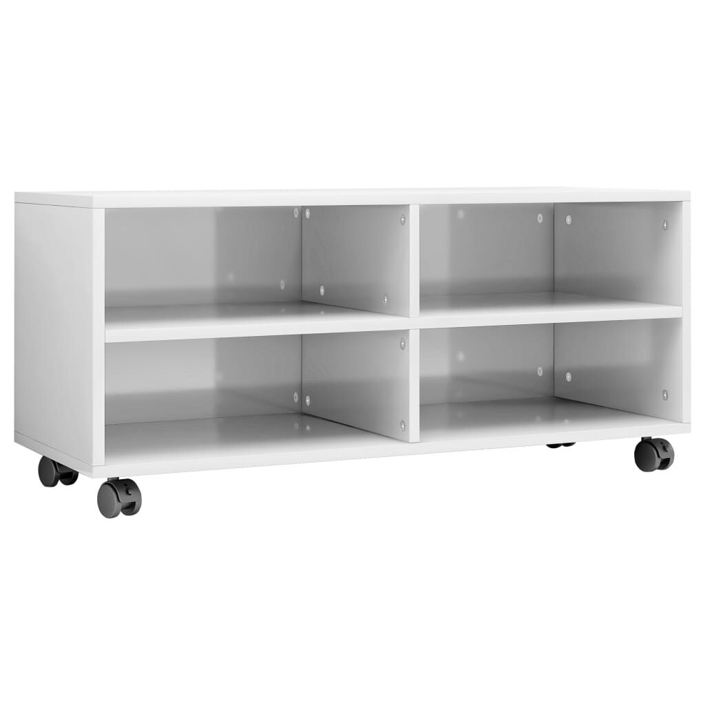 vidaXL طاولة تلفزيون بعجلات أبيض لامع 90×35×35 سم خشب مضغوط