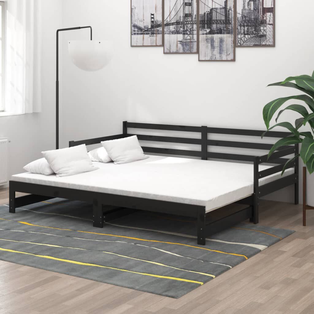 vidaXL سرير نهاري قابل للسحب خشب صنوبر صلب أسود 2×(90×200) سم
