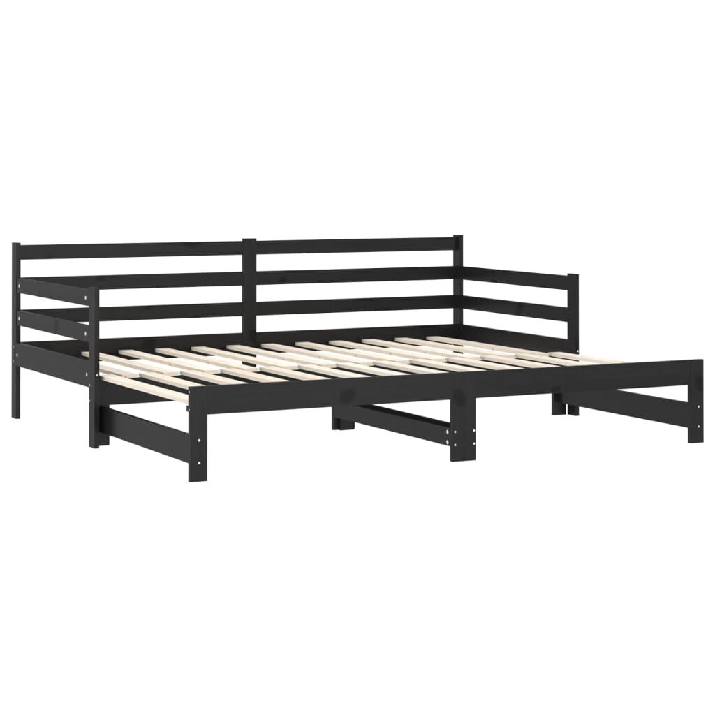 vidaXL سرير نهاري قابل للسحب خشب صنوبر صلب أسود 2×(90×200) سم