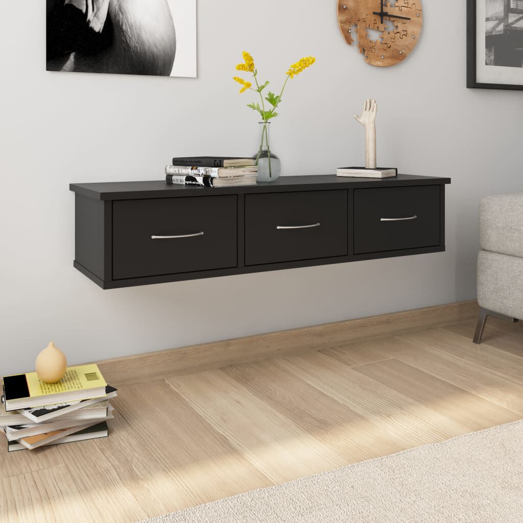 vidaXL رف مع درج جداري أسود 88×26×18.5 سم خشب صناعي