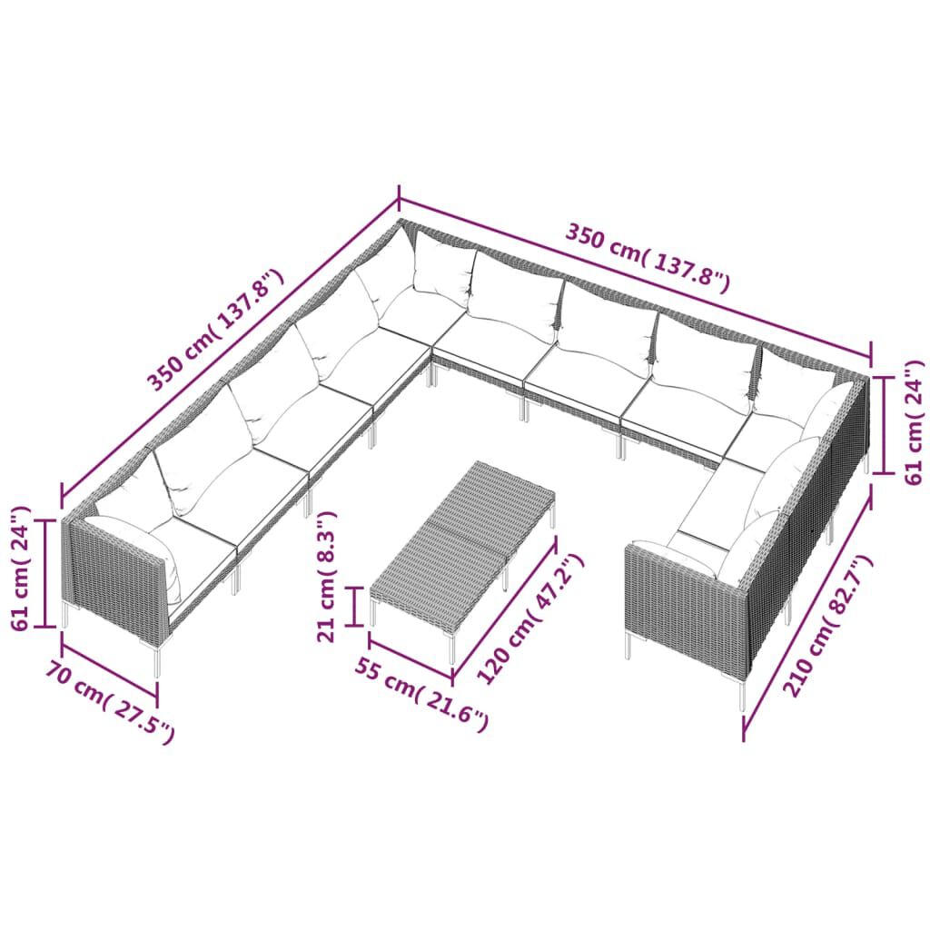 vidaXL عدد 12 قطع طقم جلسة حديقة مع وسائد بولي روطان رمادي داكن