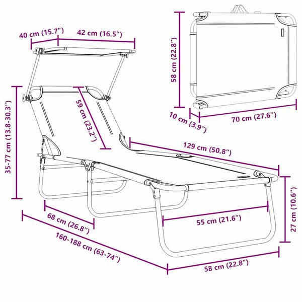 vidaXL كرسي تشمس قابل للطي مع ظلة فولاذ رمادي