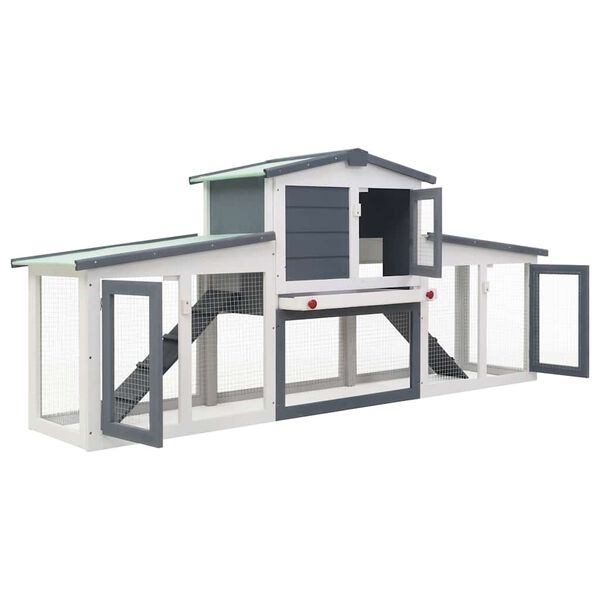 vidaXL قفص أرانب خارجي كبير رمادي وأبيض 204×45×85 سم خشب