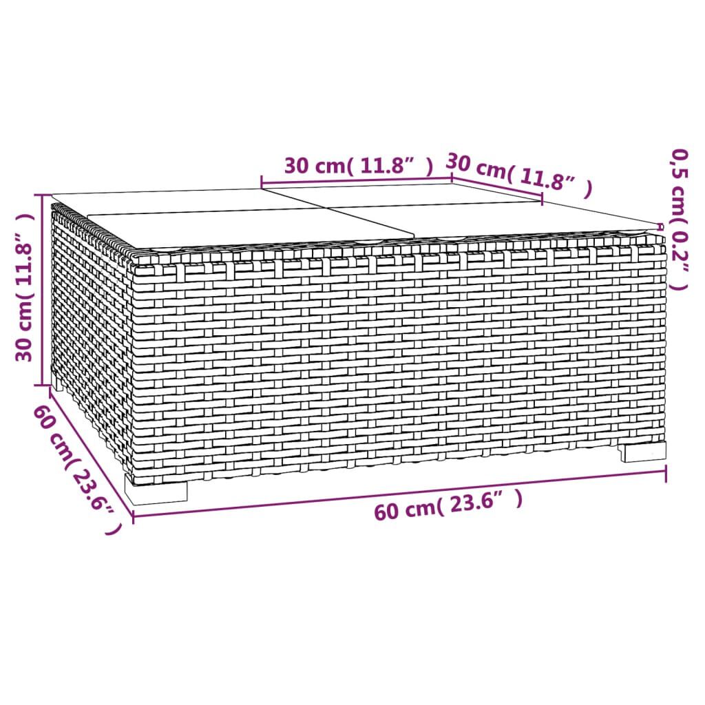 vidaXL طاولة قهوة حديقة رمادي 60×60×30 سم بولي روطان وزجاج