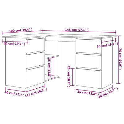 vidaXL مكتب زاوية لون أبيض 145×100×76 سم خشب صناعي