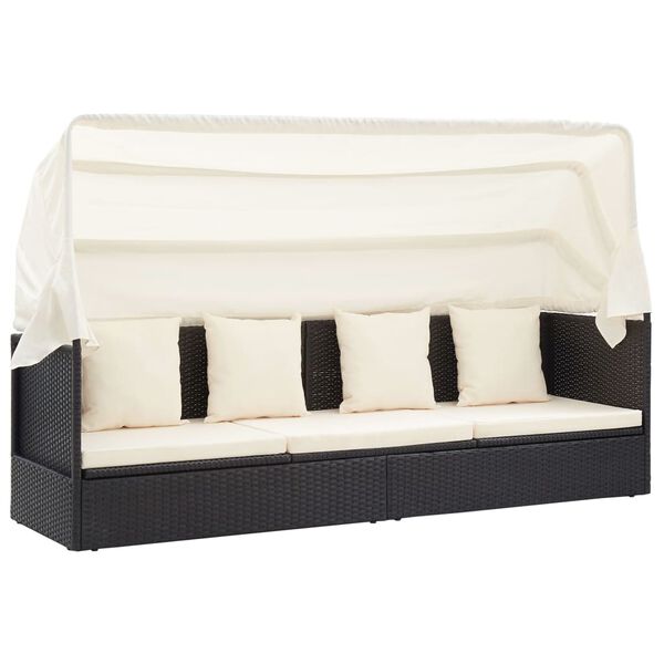 vidaXL سرير استرخاء للحديقة مع مظلة أسود بولي روطان