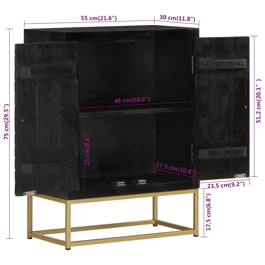 vidaXL خزانة جانبية مع بابين أسود وذهبي 55×30×75 سم خشب مانجو صلب