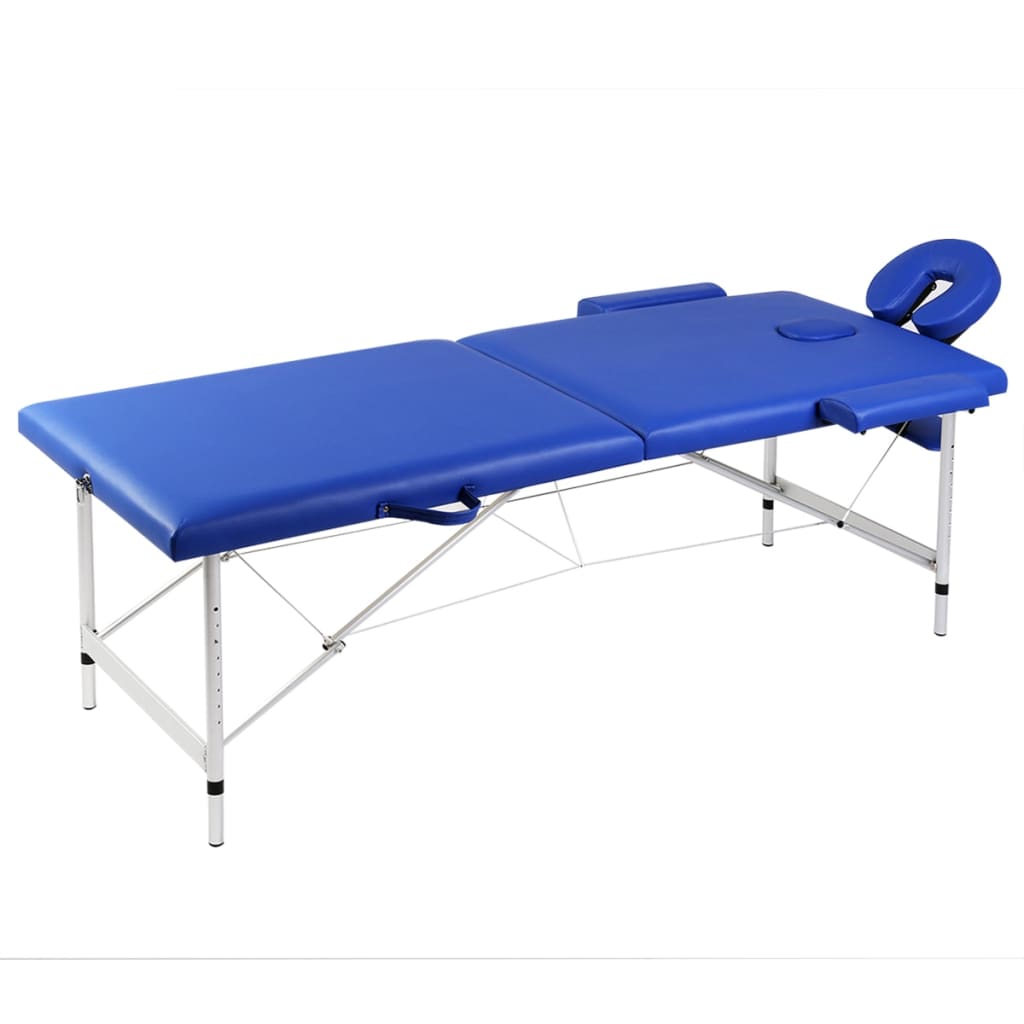 vidaXL طاولة مساج زرقاء قابلة للطي 2 أقسام بإطار ألومنيوم