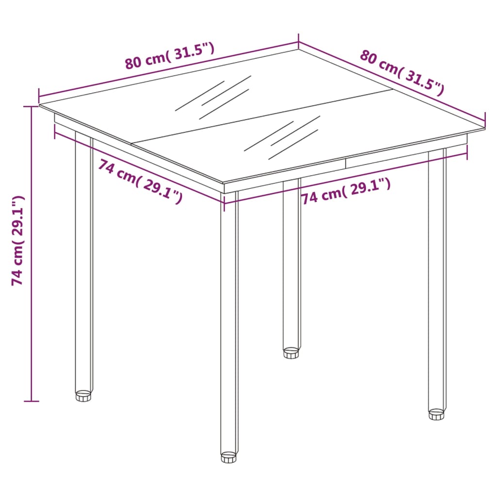 vidaXL طاولة سفرة حديقة أسود 80×80×74 سم فولاذ وزجاج