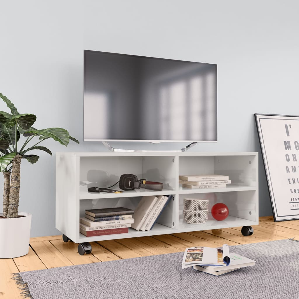 vidaXL طاولة تلفزيون بعجلات أبيض لامع 90×35×35 سم خشب مضغوط