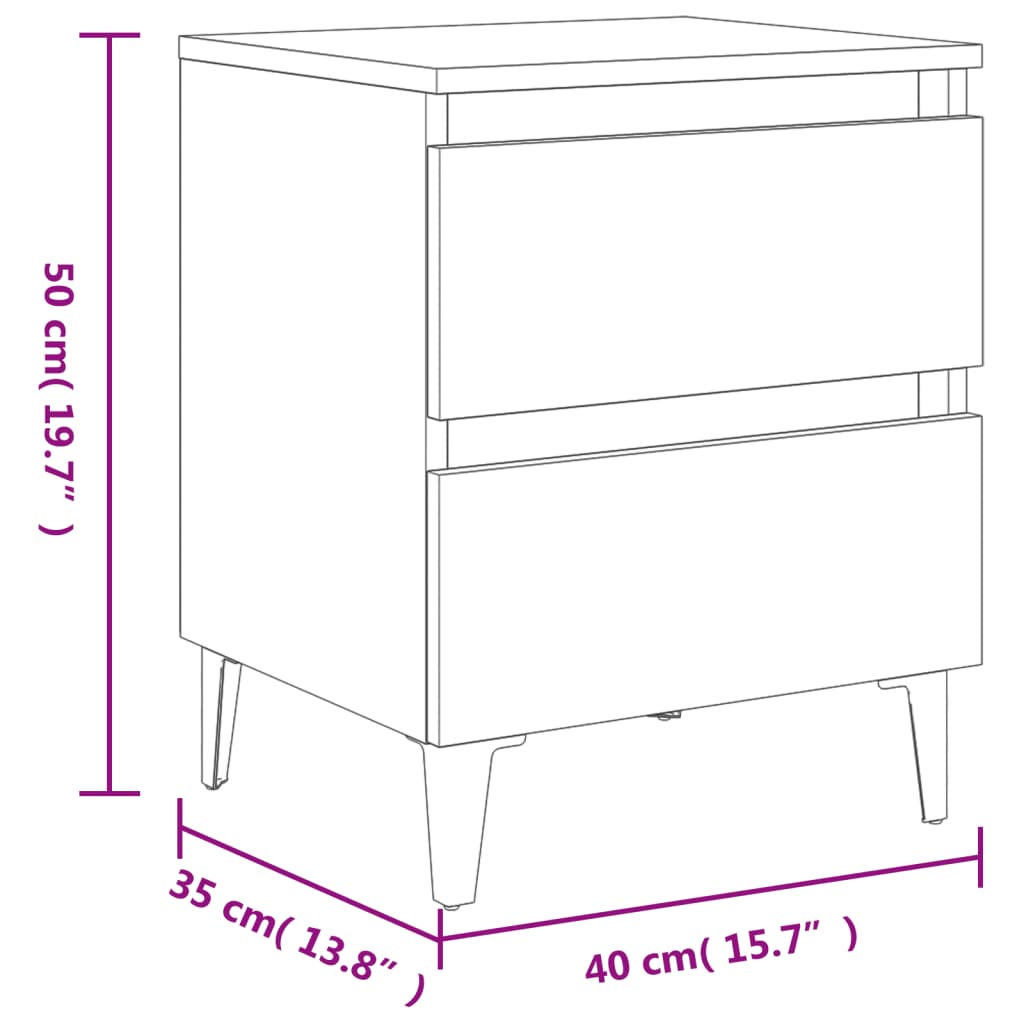 vidaXL خزانات سرير بأرجل معدنية 2 ق أوك بني 40×35×50 سم