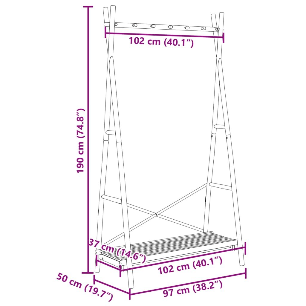 vidaXL حامل ملابس مع رف 190x50x102 سم خيزران