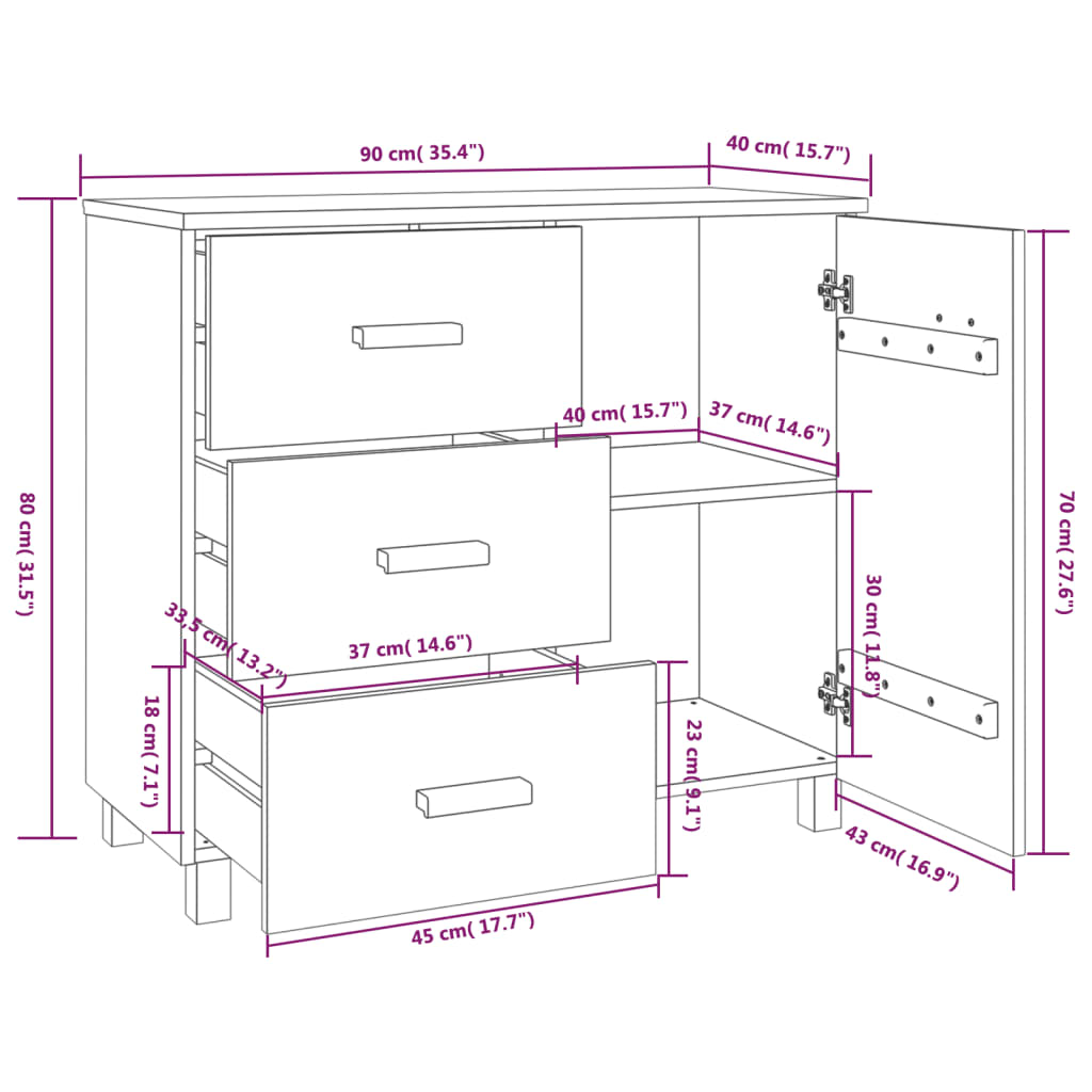 vidaXL خزانة جانبية أبيض 90×40×80 سم خشب صنوبر صلب