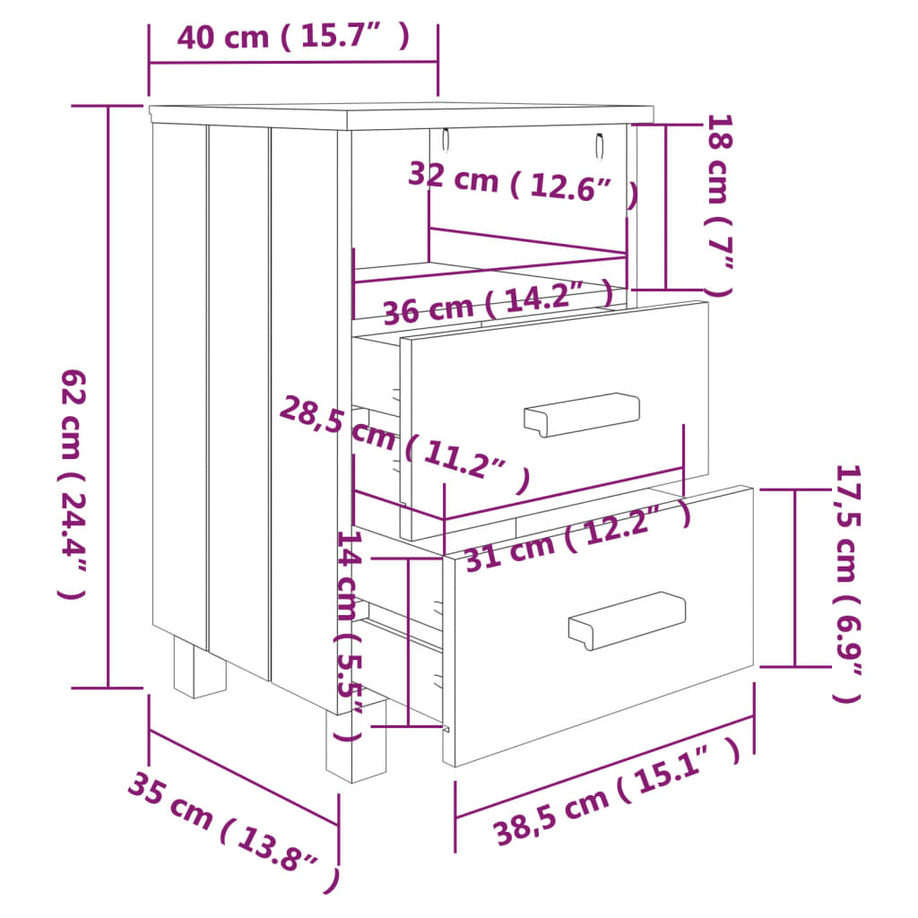 vidaXL خزانة جانب السرير أبيض 40×35×62 سم خشب صنوبر صلب