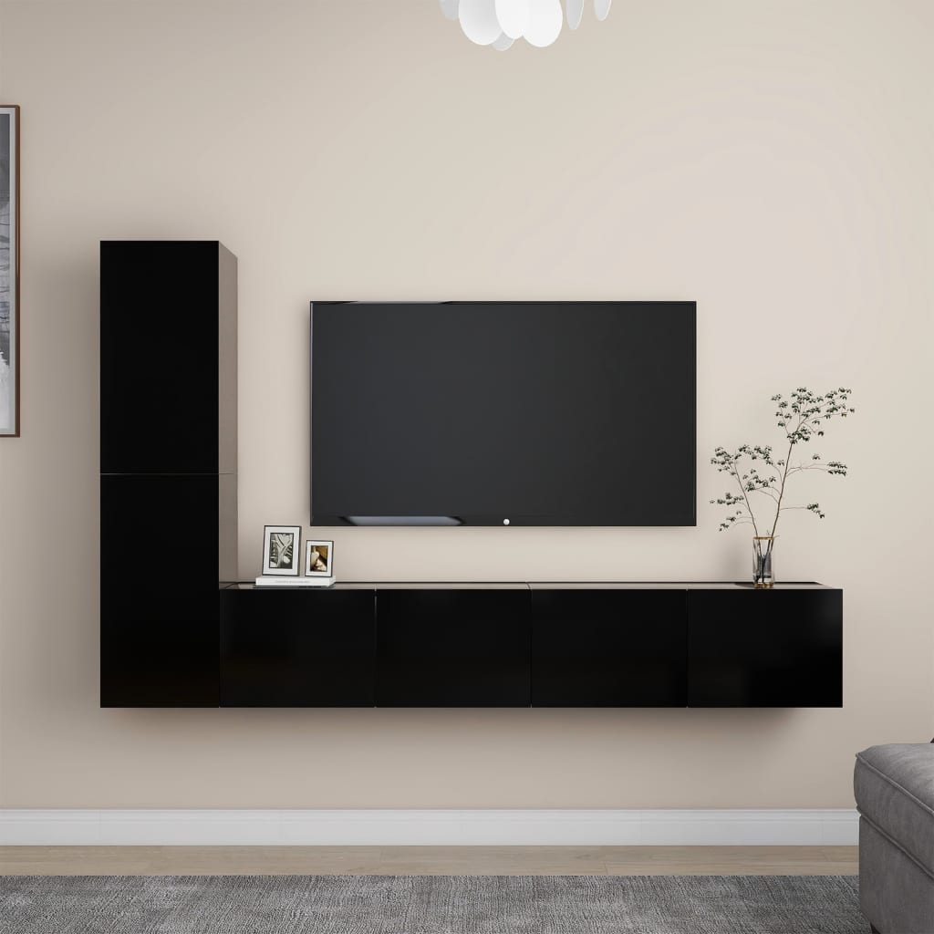 vidaXL طقم خزانة تلفزيون 4 قطع خشب صناعي أسود (801473×ٍ2+803329)