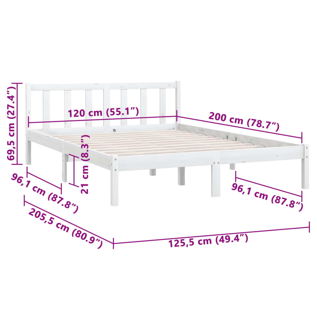 vidaXL إطار سرير خشب صنوبر صلب أبيض 120×200 سم