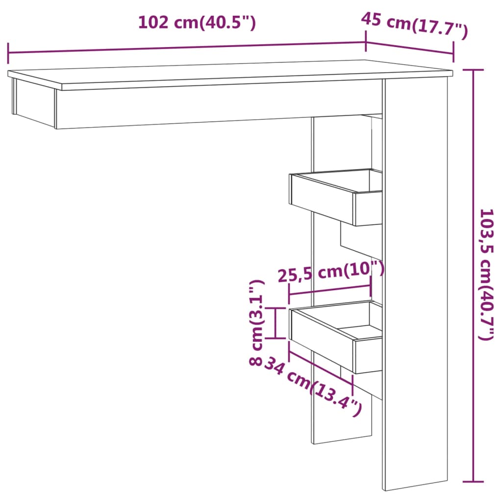 vidaXL طاولة بار جدارية أبيض 102×45×103.5 سم خشب صناعي