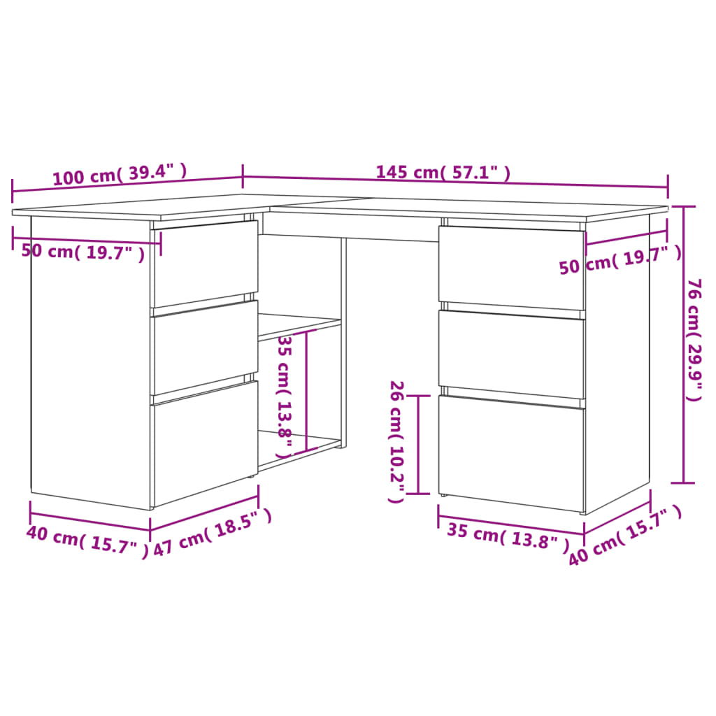 vidaXL مكتب زاوية لون أبيض 145×100×76 سم خشب صناعي