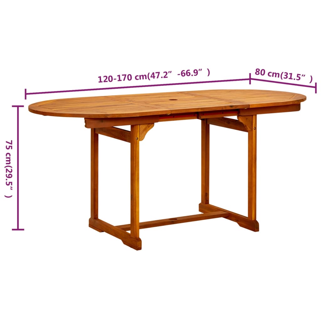 vidaXL طاولة سفرة حديقة (120-170)×80×75 سم خشب أكاسيا صلب