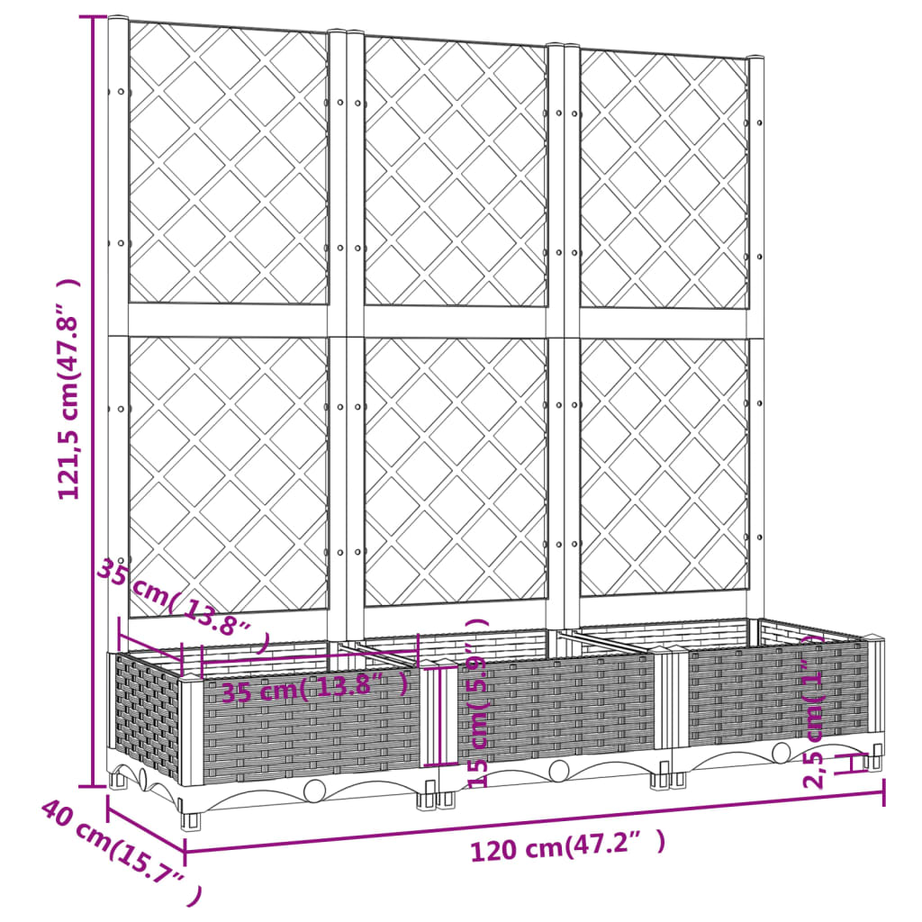 vidaXL حوض حديقة مع تعريشة رمادي داكن 120×40×121.5 سم PP